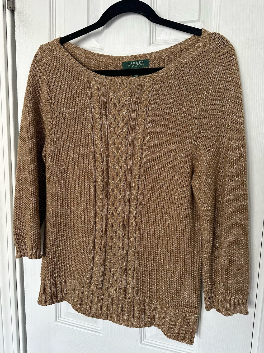 Lauren Ralph Lauren Women’s Large PL Gold Metallic Cable-knit Scoop Neck Sweater